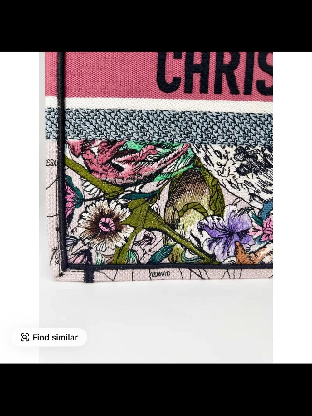 Dior Floral Canvas Tote with Pink Logo Band